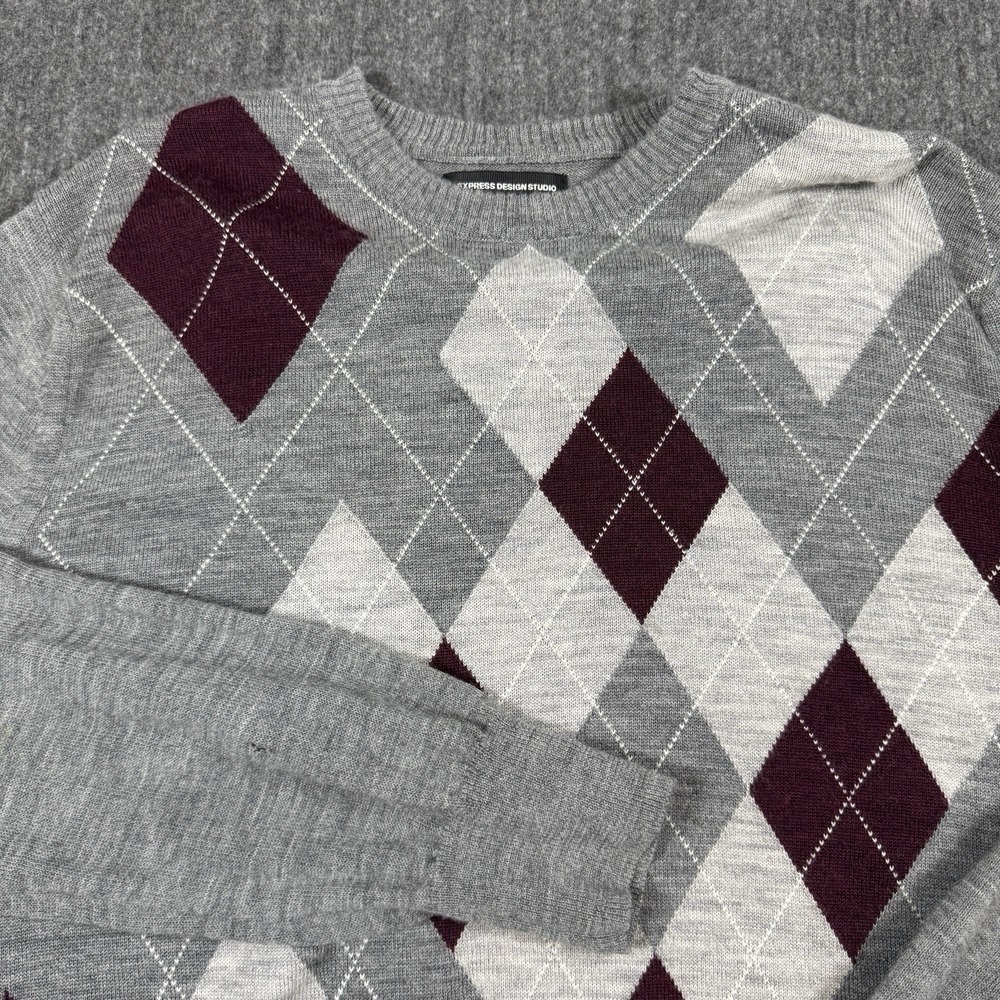Express Design Studio Sweater Mens L 100% Merino Wool Gray Burgundy Argyle